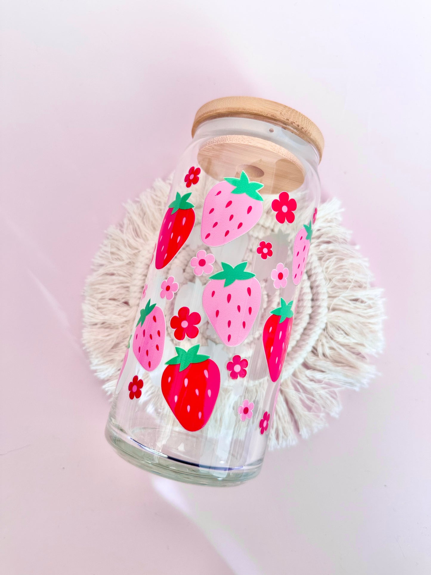Red & Pink Strawberries Glass Cup