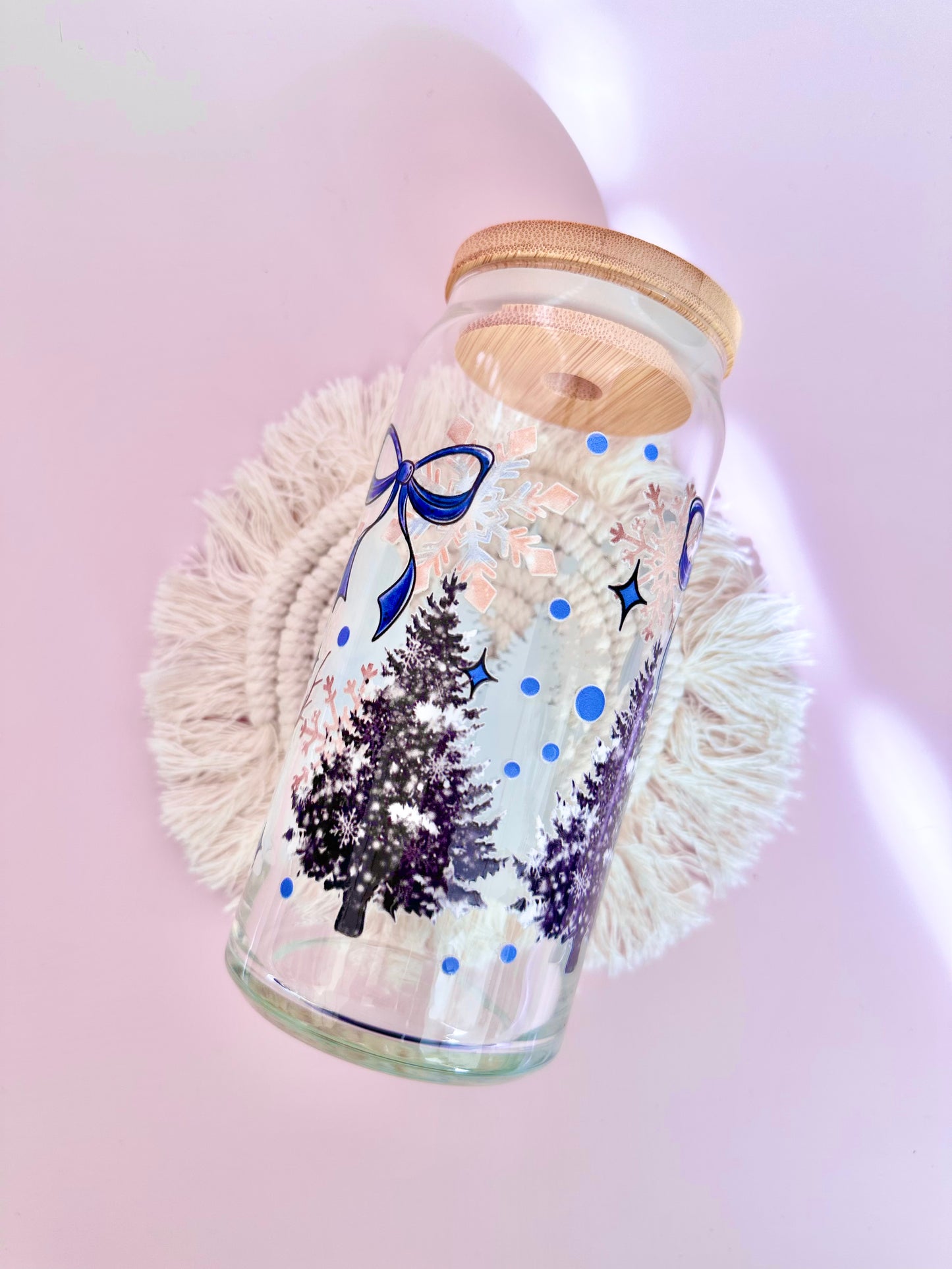 Navy Snowmen & Trees Glass Cup