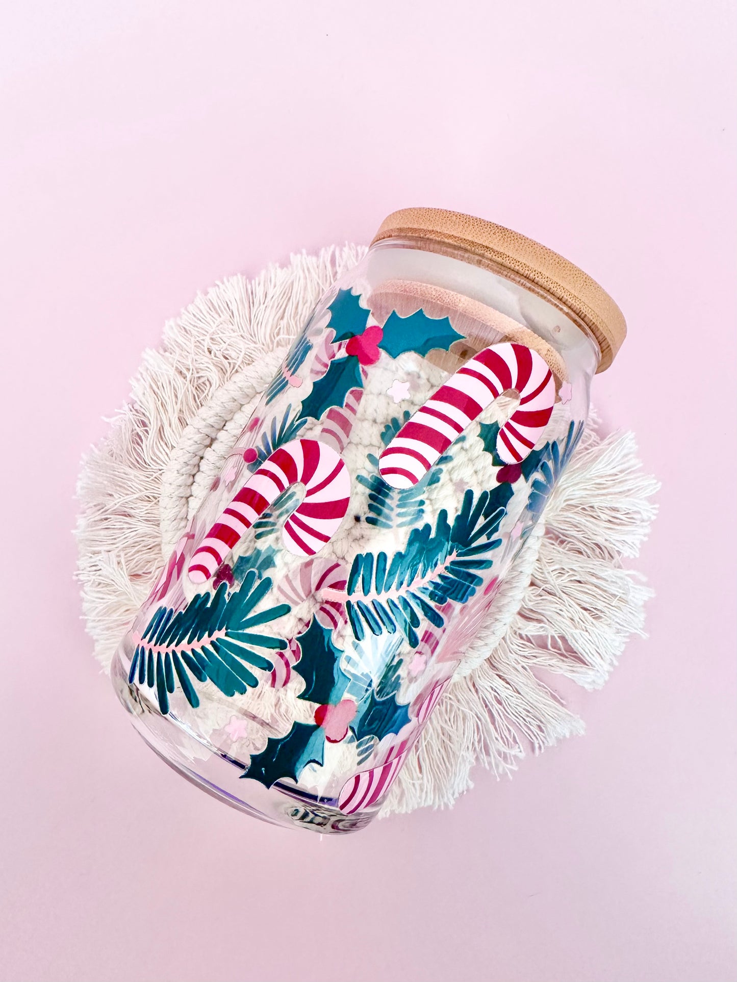 Candy Cane & Pine Branches Glass Cup