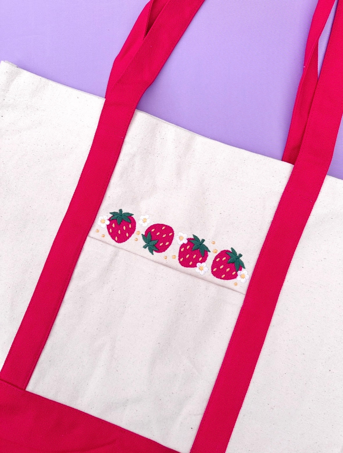Red Strawberry Embroidered Tote Bag