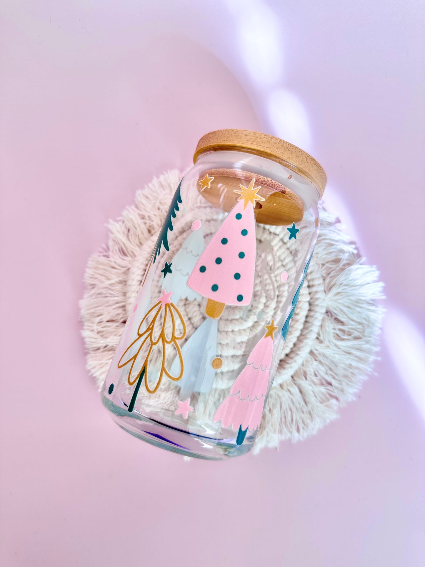 Pink & Green Holiday Trees Glass Cup
