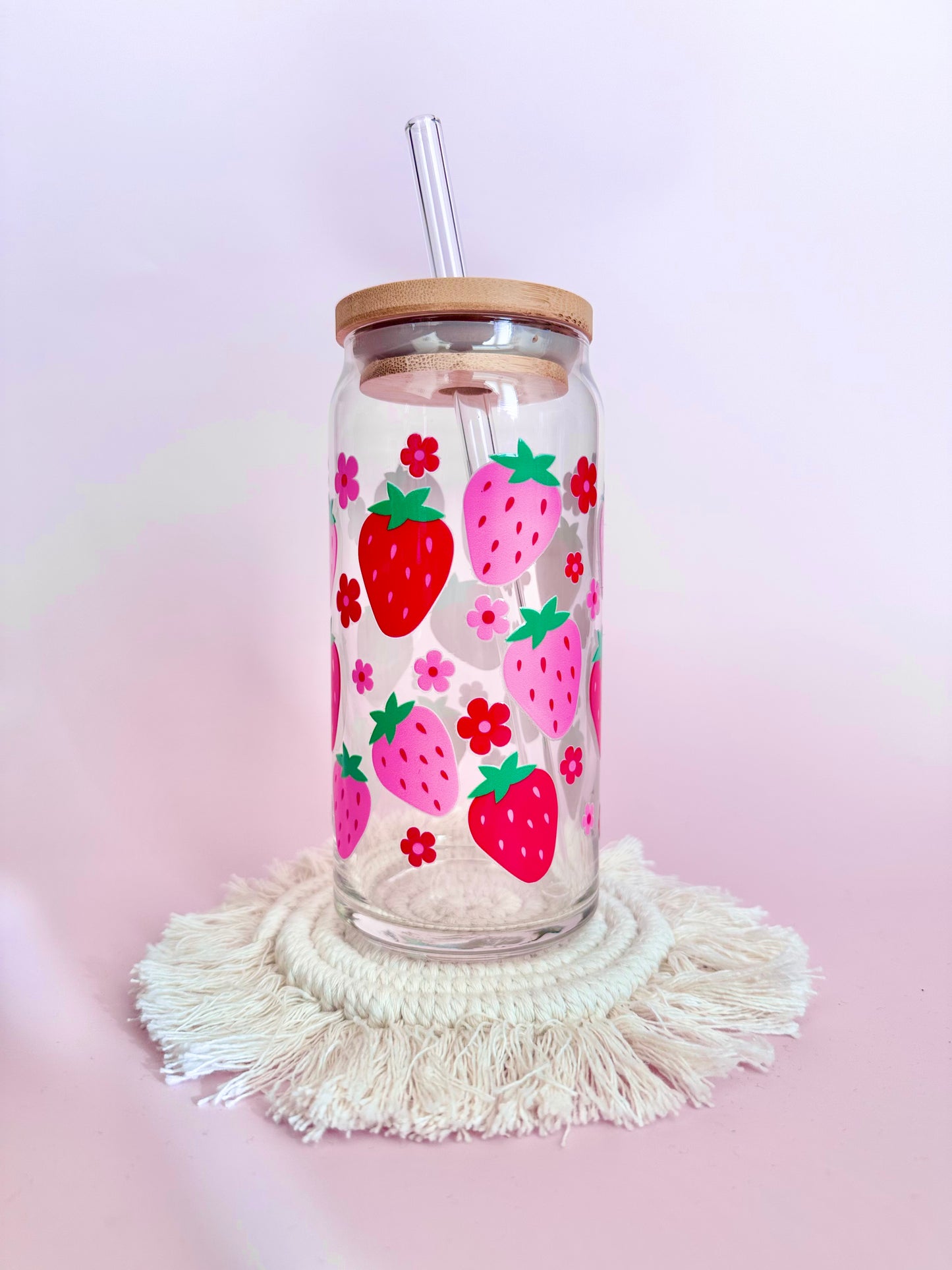 Red & Pink Strawberries Glass Cup