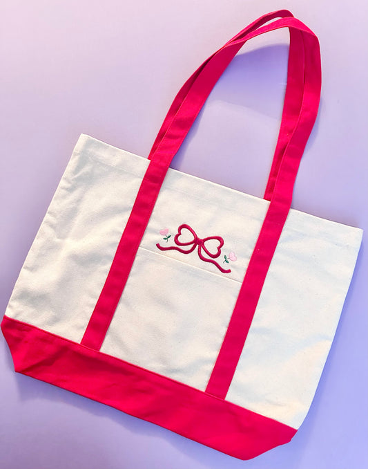 Red Bow & Flowers Embroidered Tote Bag