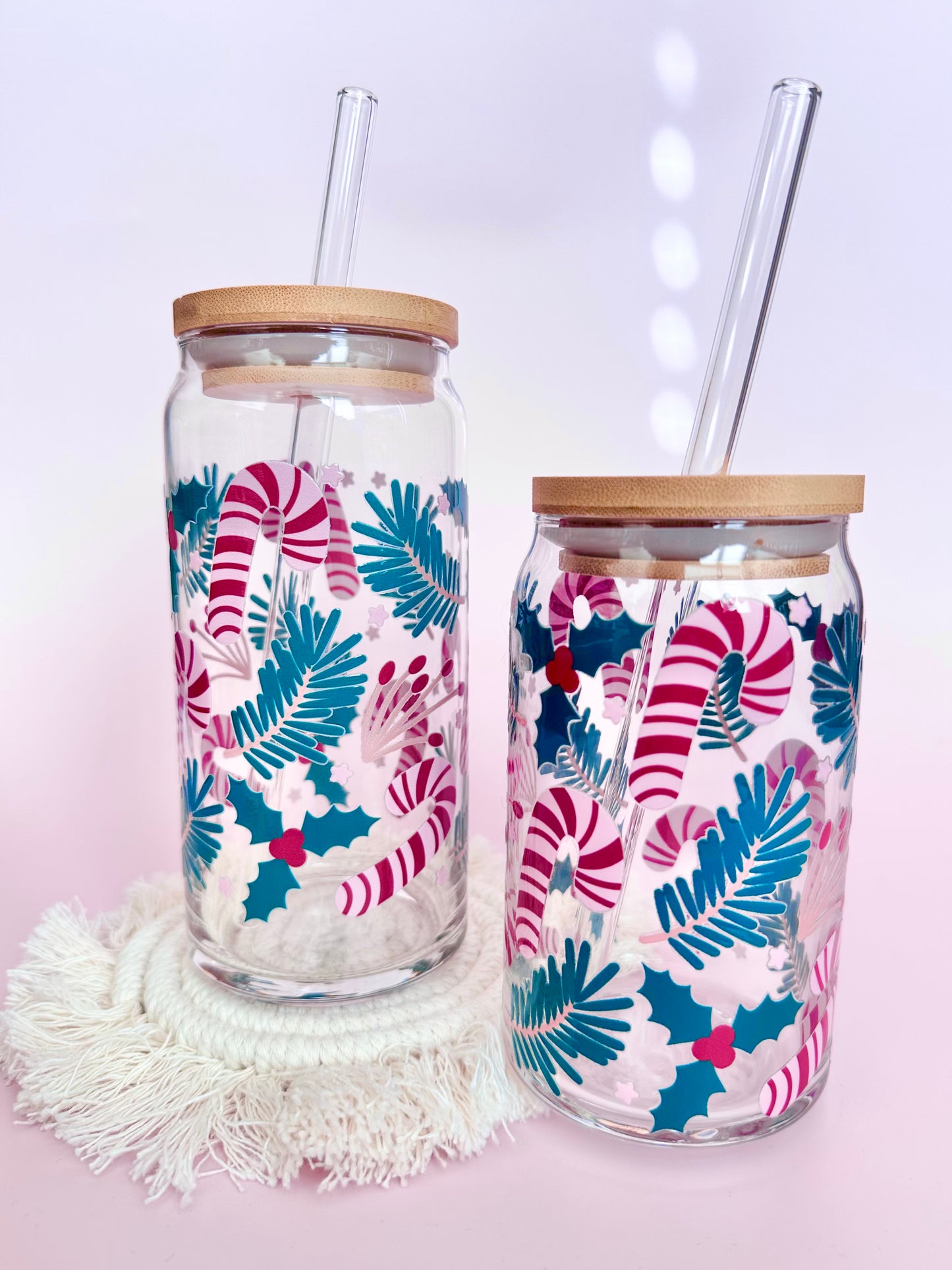 Candy Cane & Pine Branches Glass Cup