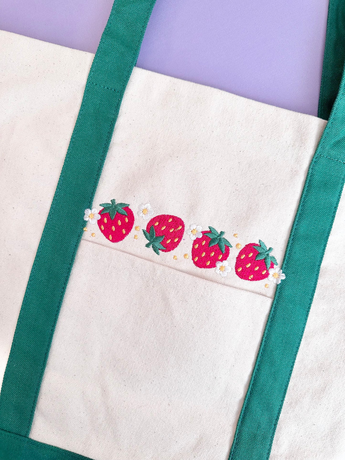 Green Strawberry Embroidered Tote Bag