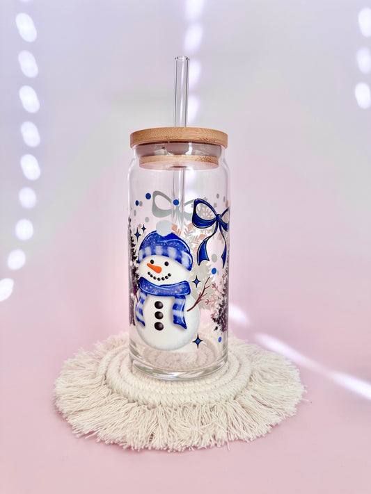 Navy Snowmen & Trees Glass Cup