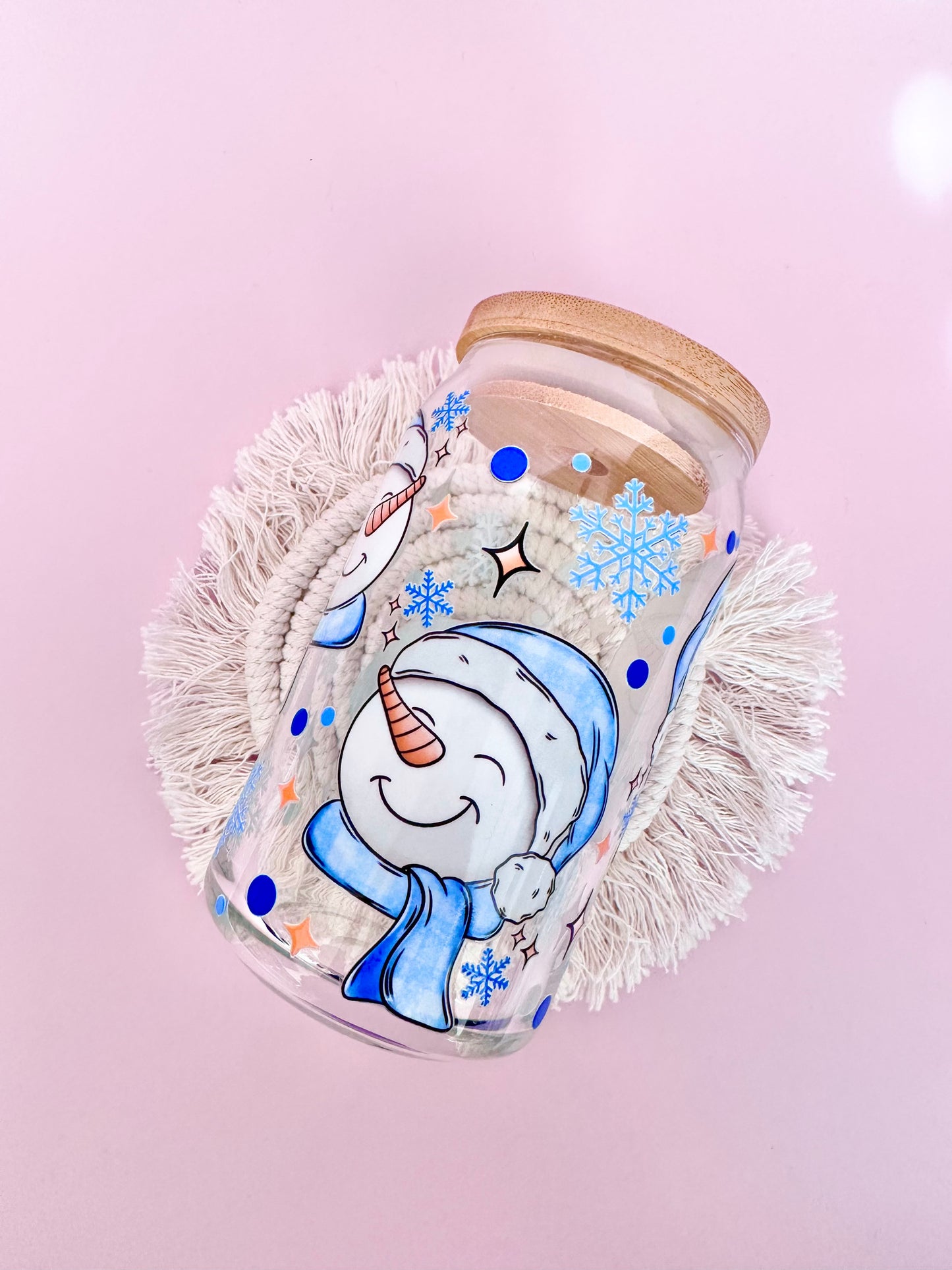 Blue Snowman Glass Cup