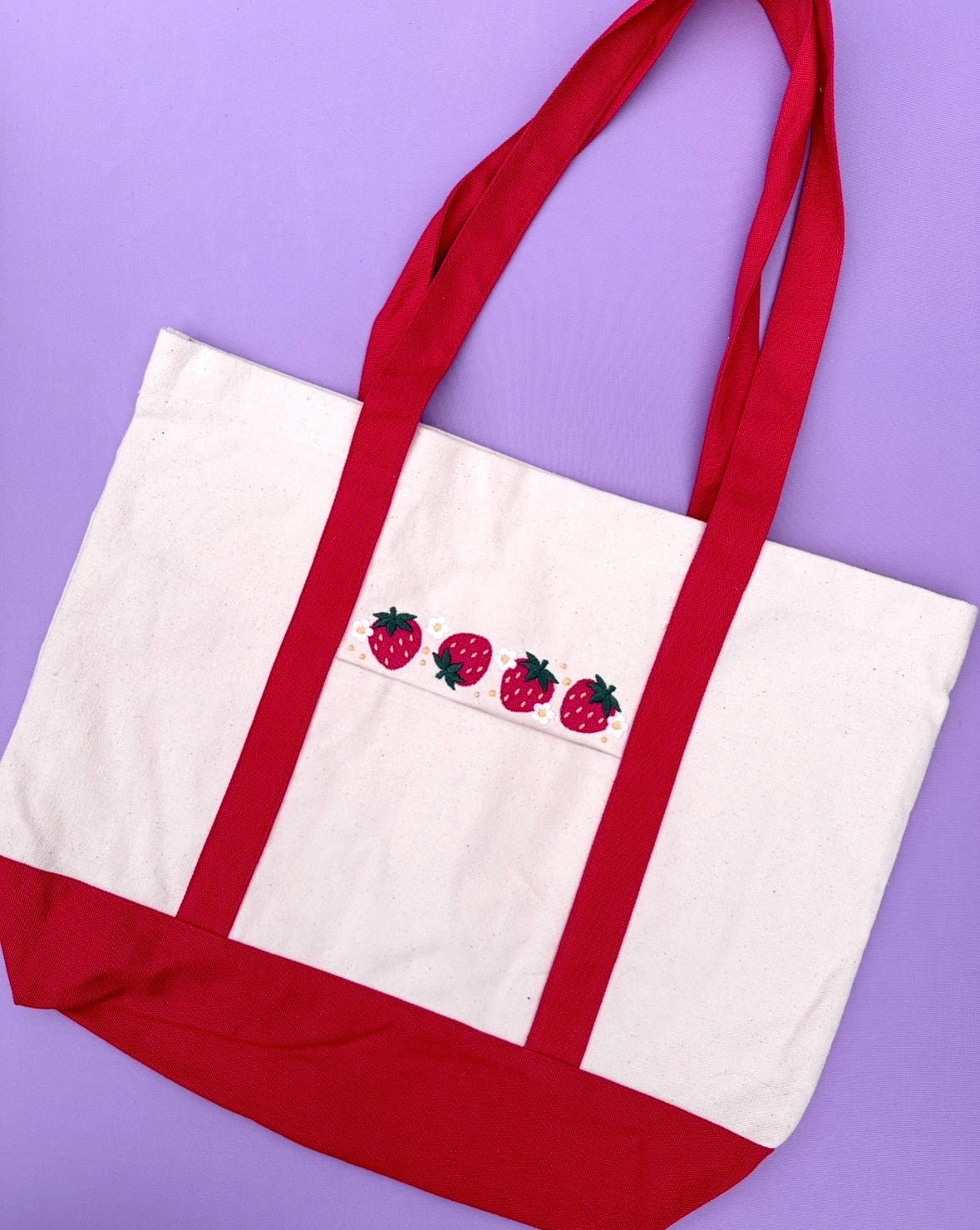 Red Strawberry Embroidered Tote Bag