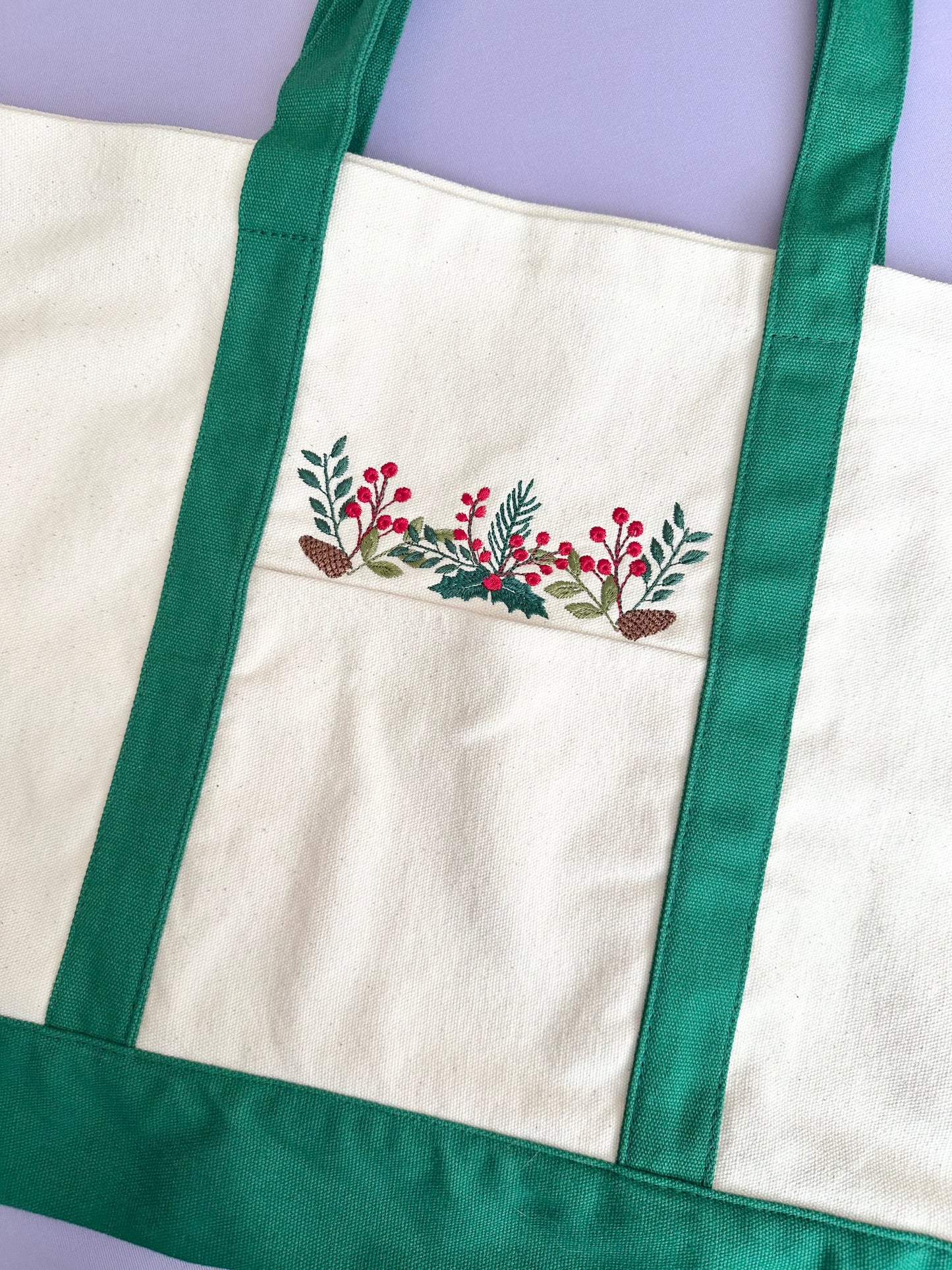 Holly Leaf Embroidered Tote Bag