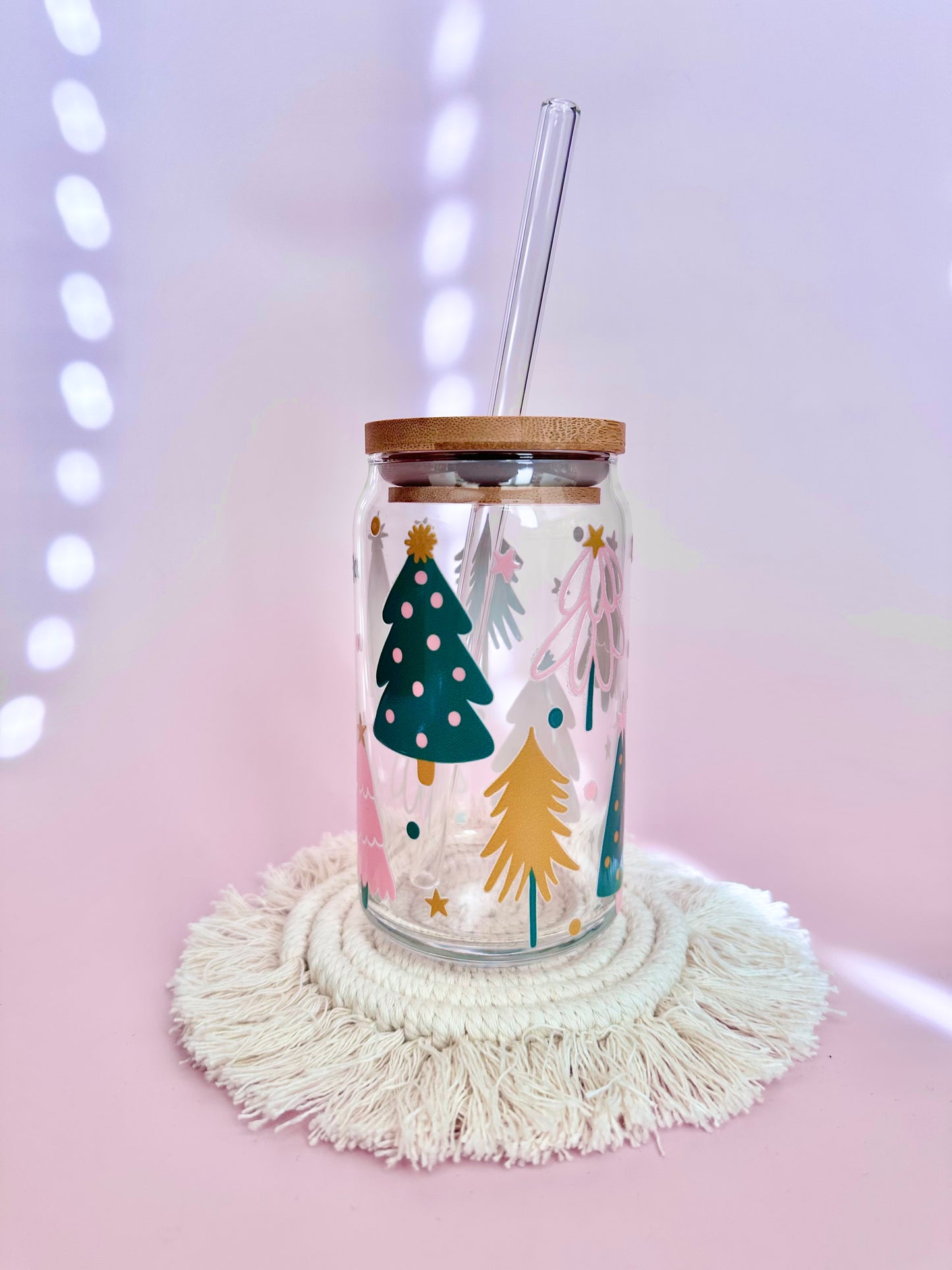Pink & Green Holiday Trees Glass Cup