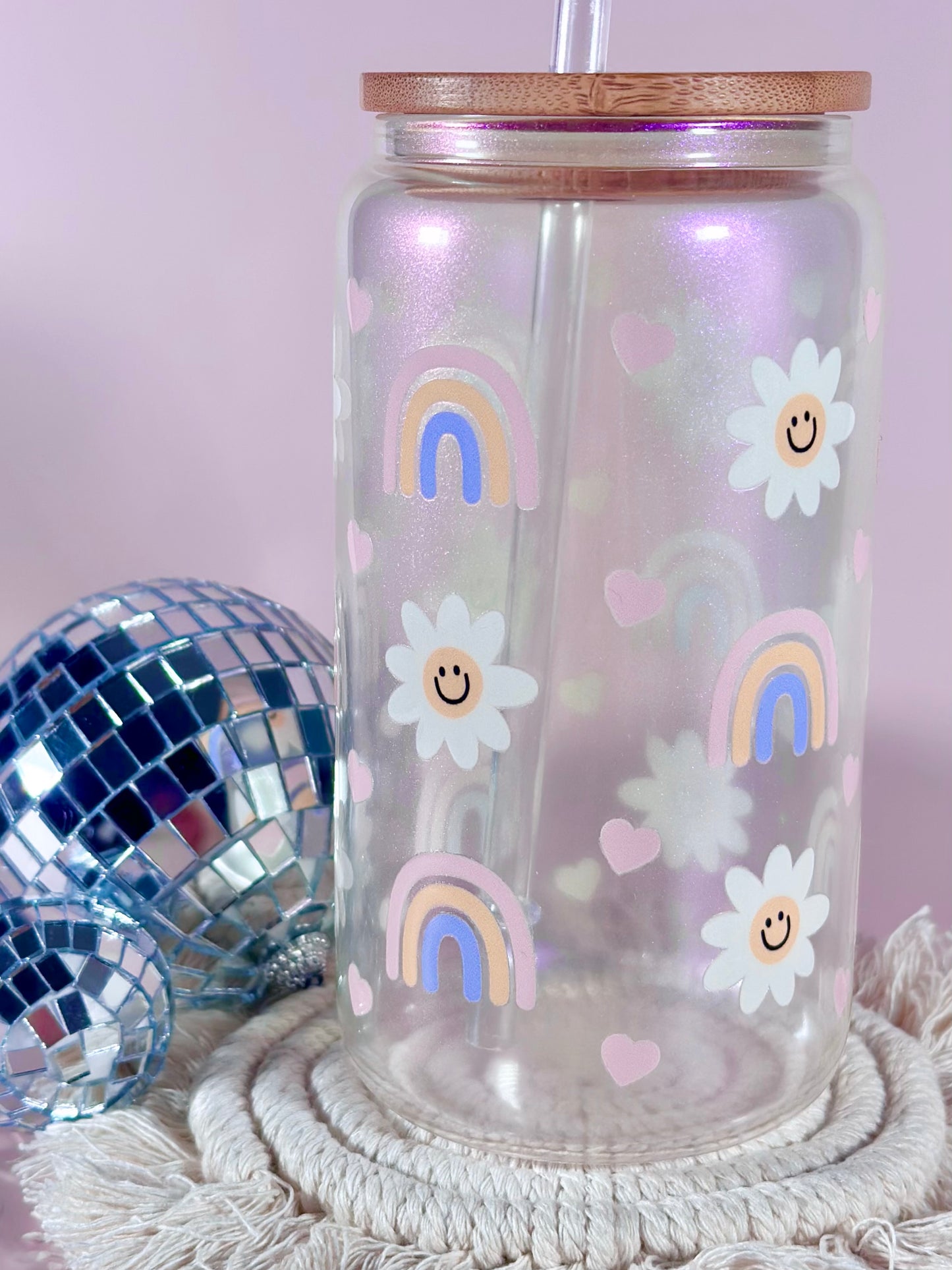 Iridescent Daisy and Rainbows Glass Cup