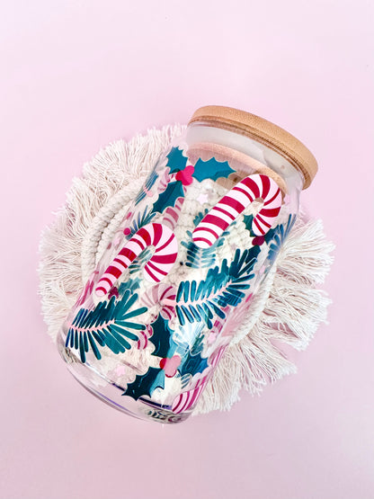 Candy Cane & Pine Branches Glass Cup