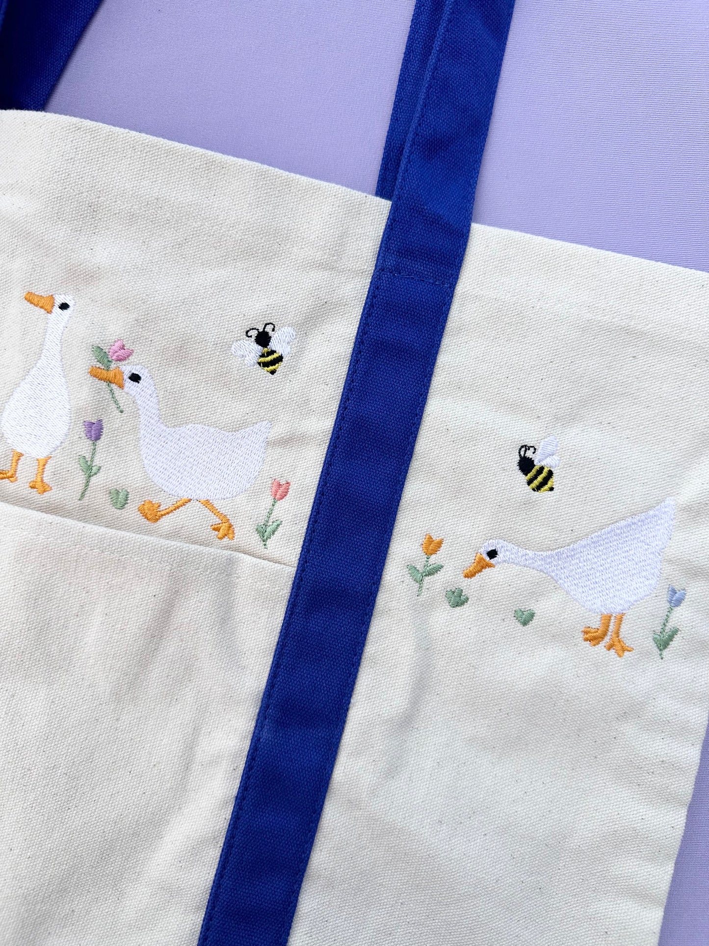 Springtime Ducks Embroidered Tote Bag