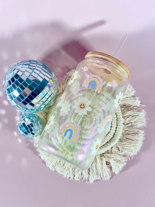 Iridescent Daisy and Rainbows Glass Cup