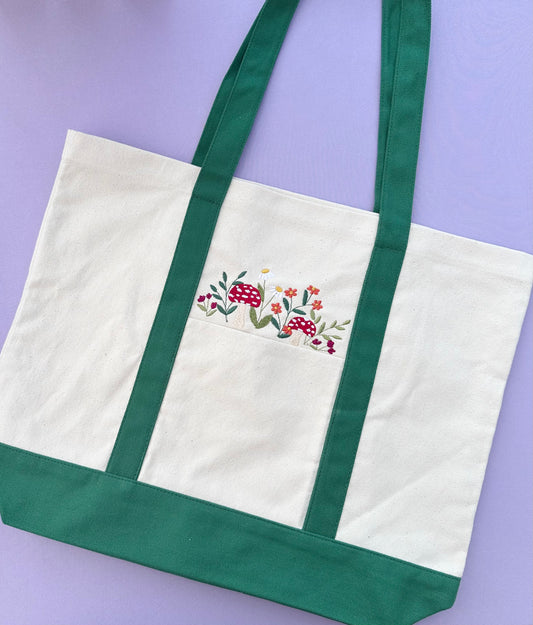 Mushroom Garden Embroidered Tote Bag