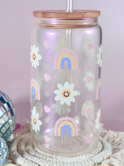 Iridescent Daisy and Rainbows Glass Cup