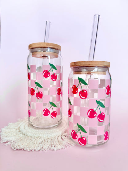 Checkered Cherries Glass Cup