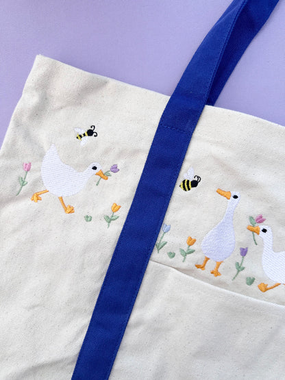 Springtime Ducks Embroidered Tote Bag