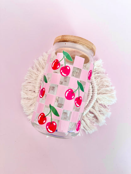 Checkered Cherries Glass Cup