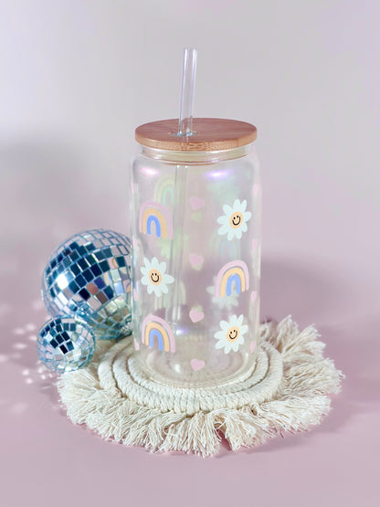 Iridescent Daisy and Rainbows Glass Cup