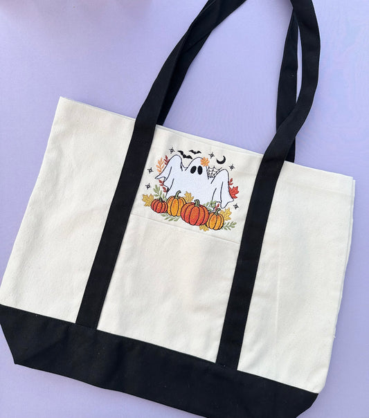 Ghost & Pumpkins Embroidered Tote Bag