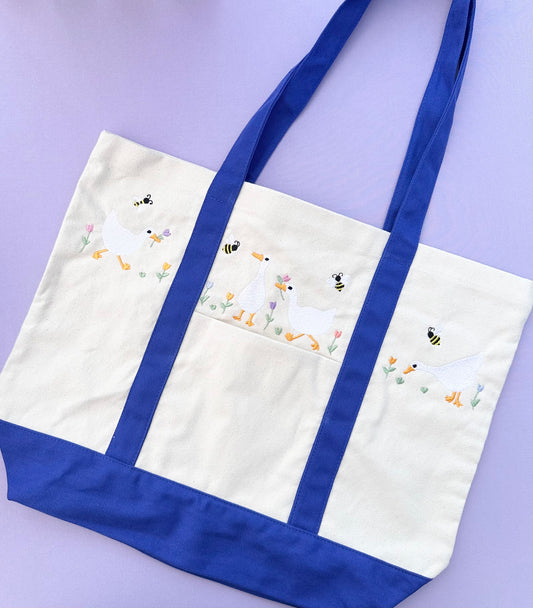 Springtime Ducks Embroidered Tote Bag