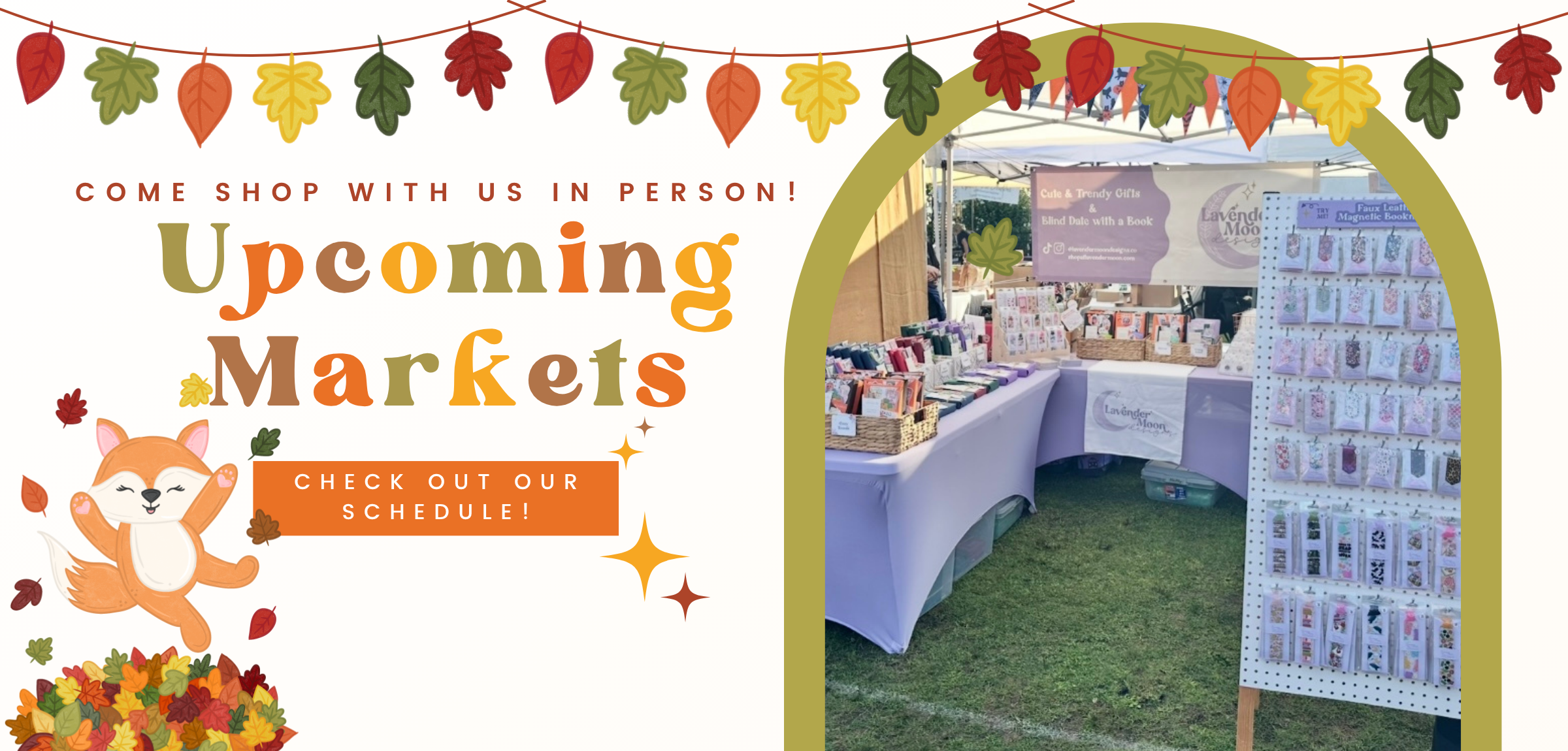 Slideshow banner promoting our upcoming markets schedule with autumn elements