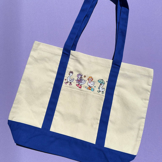 Rainy Ducks Embroidered Tote Bag