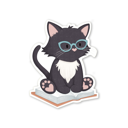 Cat Sitting On Books Sticker