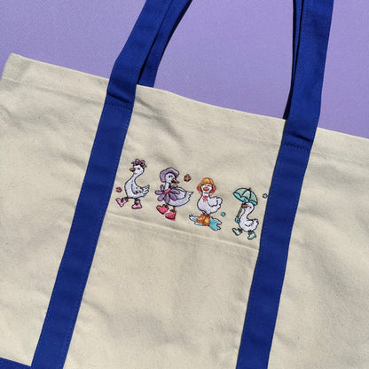 Rainy Ducks Embroidered Tote Bag