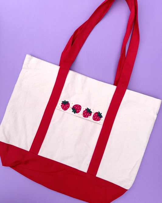 Red Strawberry Embroidered Tote Bag