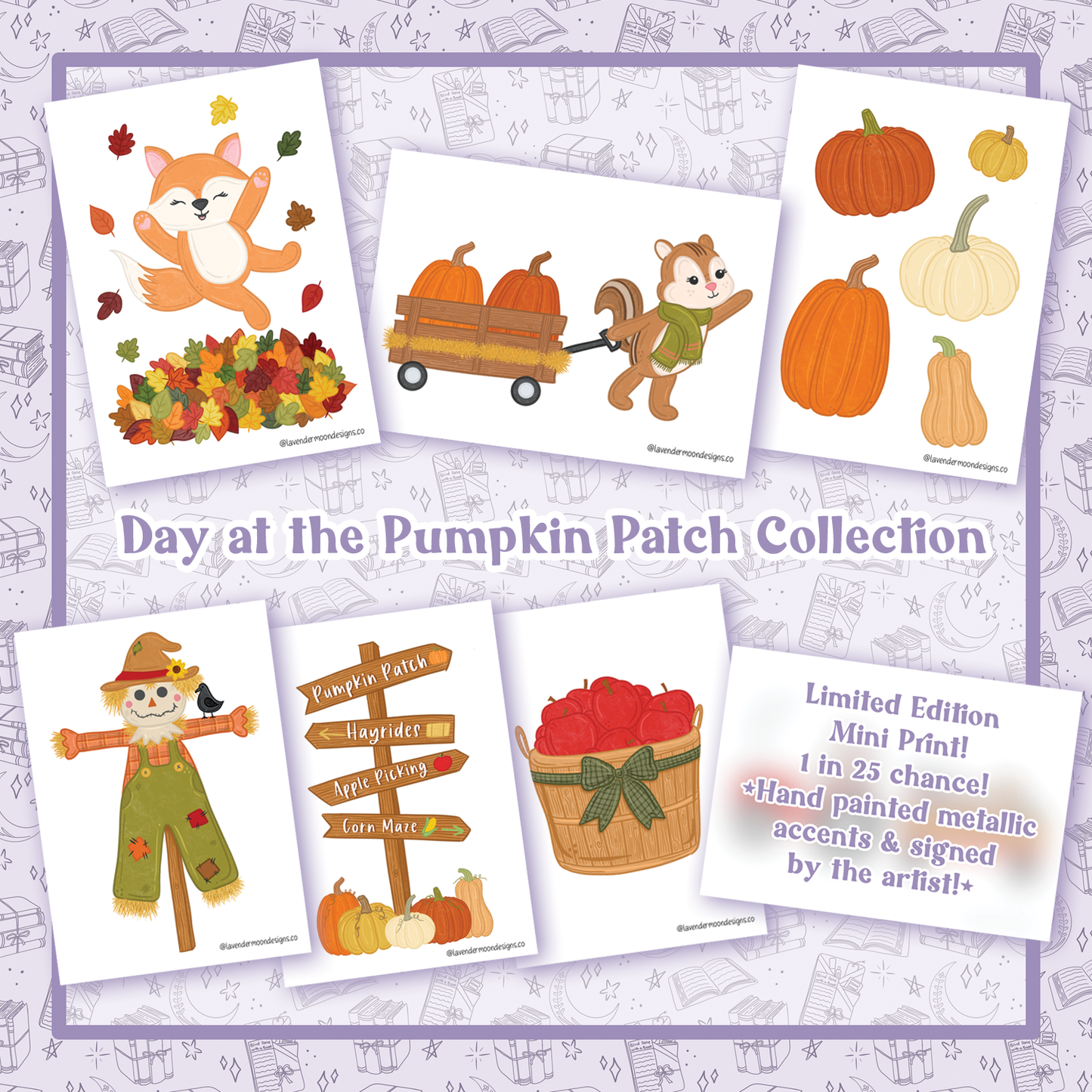A product collage for a 'Day at the Pumpkin Patch Collection' featuring six autumn-themed mini art cards on a patterned lavender background. The cards show a fox jumping over fall leaves, a squirrel pulling pumpkins, pumpkins, a scarecrow, a directional sign, a basket of red apples, and a text card describing a limited edition metallic mini print.