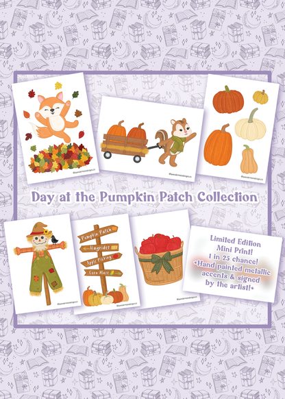 A product collage for a 'Day at the Pumpkin Patch Collection' featuring six autumn-themed mini art cards on a patterned lavender background. The cards show a fox jumping over fall leaves, a squirrel pulling pumpkins, pumpkins, a scarecrow, a directional sign, a basket of red apples, and a text card describing a limited edition metallic mini print.