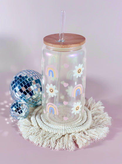 Iridescent Daisy and Rainbows Glass Cup