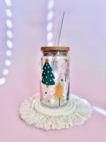 Pink & Green Holiday Trees Glass Cup
