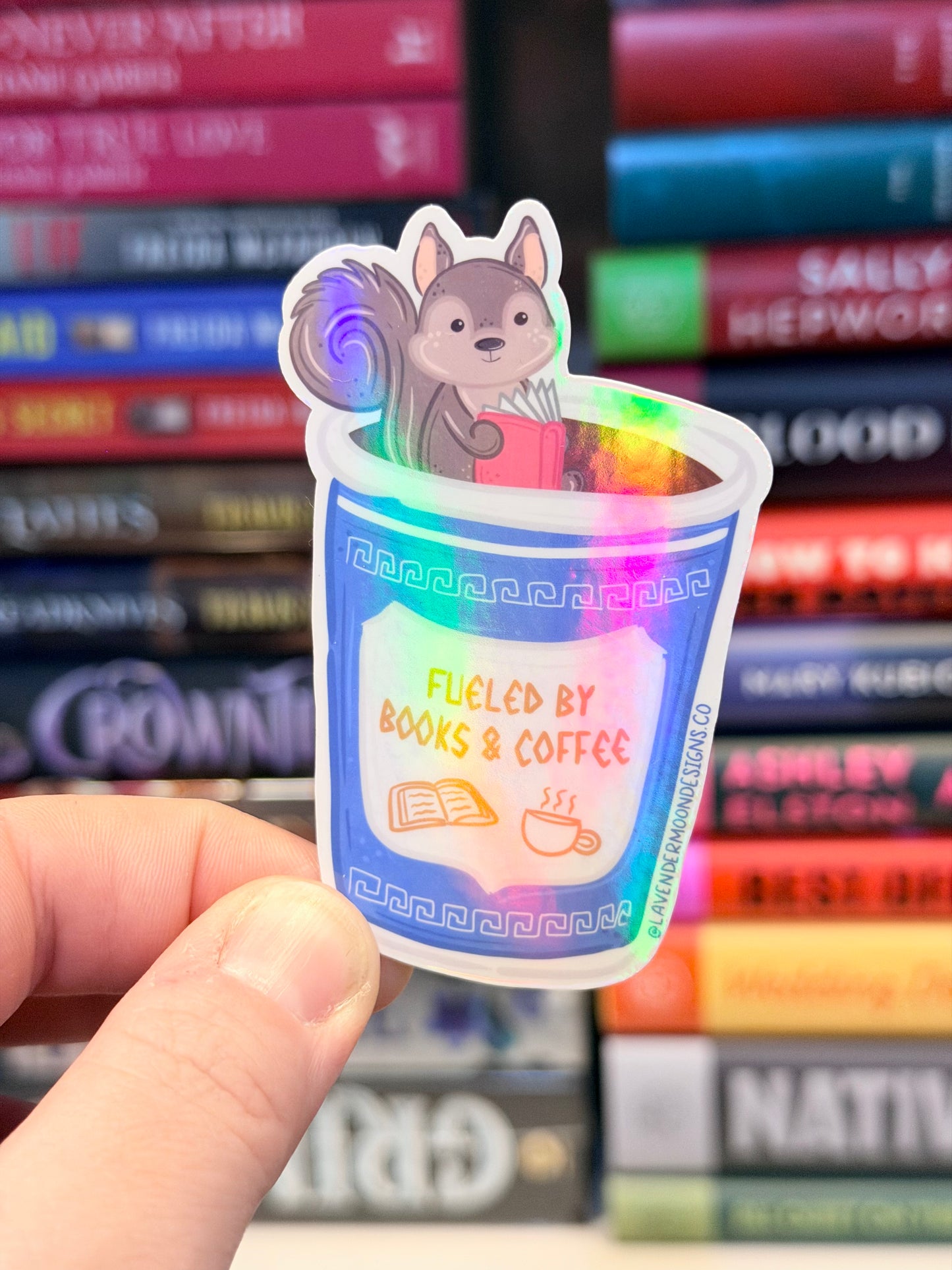 Paulie the Squirrel ‘Fueled by Coffee & Books’ Iridescent Sticker