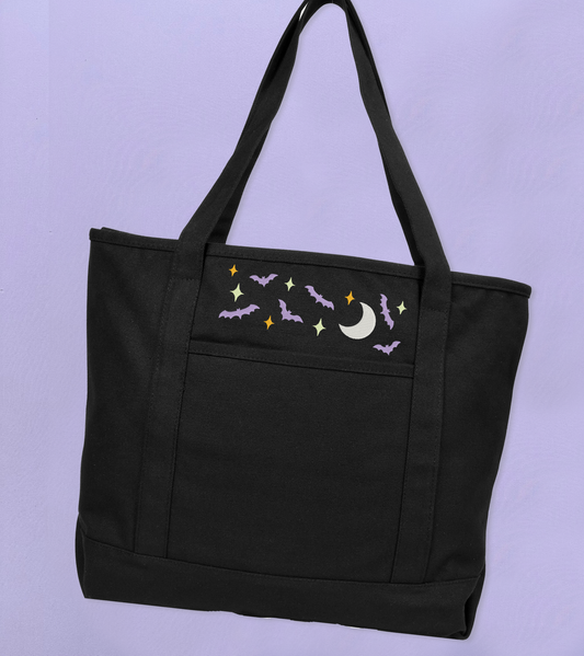 Black Glow in the Dark Moon & Bats Zipper Tote Bag