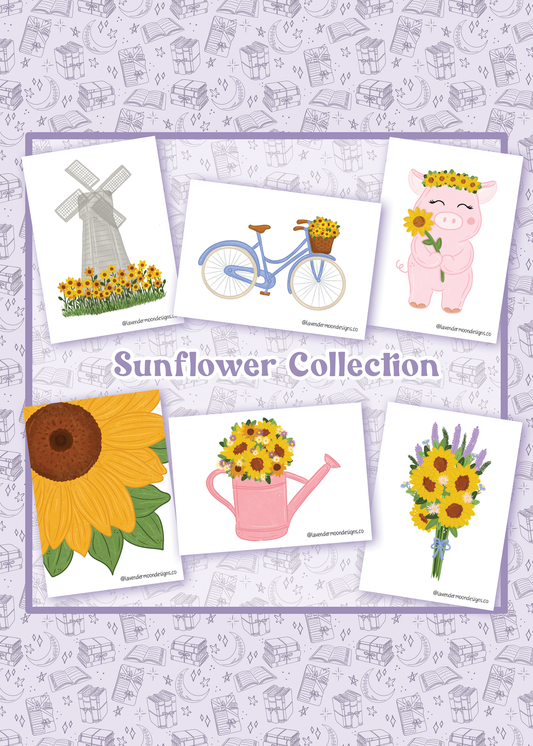 A product display for a 'Sunflower Collection' featuring six illustrated cards with various sunflower-themed designs, including a windmill, bicycle, pig, large sunflower, watering can, and bouquet, set against a patterned background.